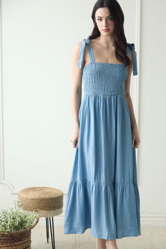 Chambray Smocked Tie Strap Maxi Dress