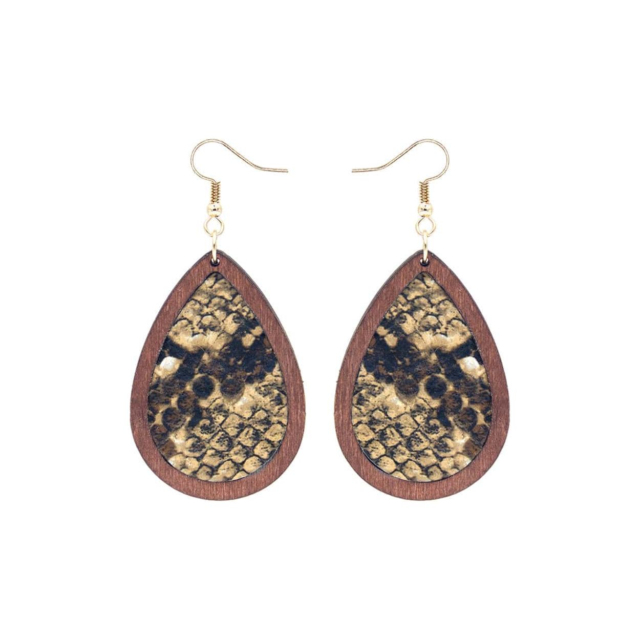Teardrop hide and wood earring