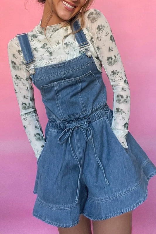 Sky Blue Buckle Straps Tied Backless Flared Denim Romper