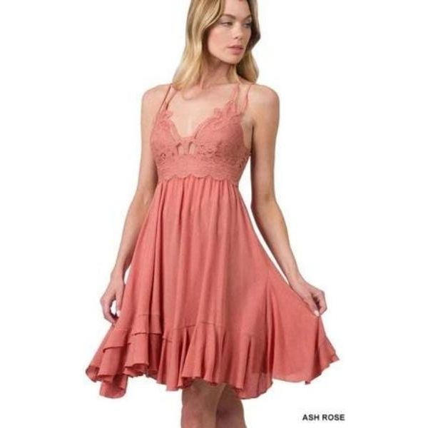 Crochet lace asymmetric ruffle trim cami dress