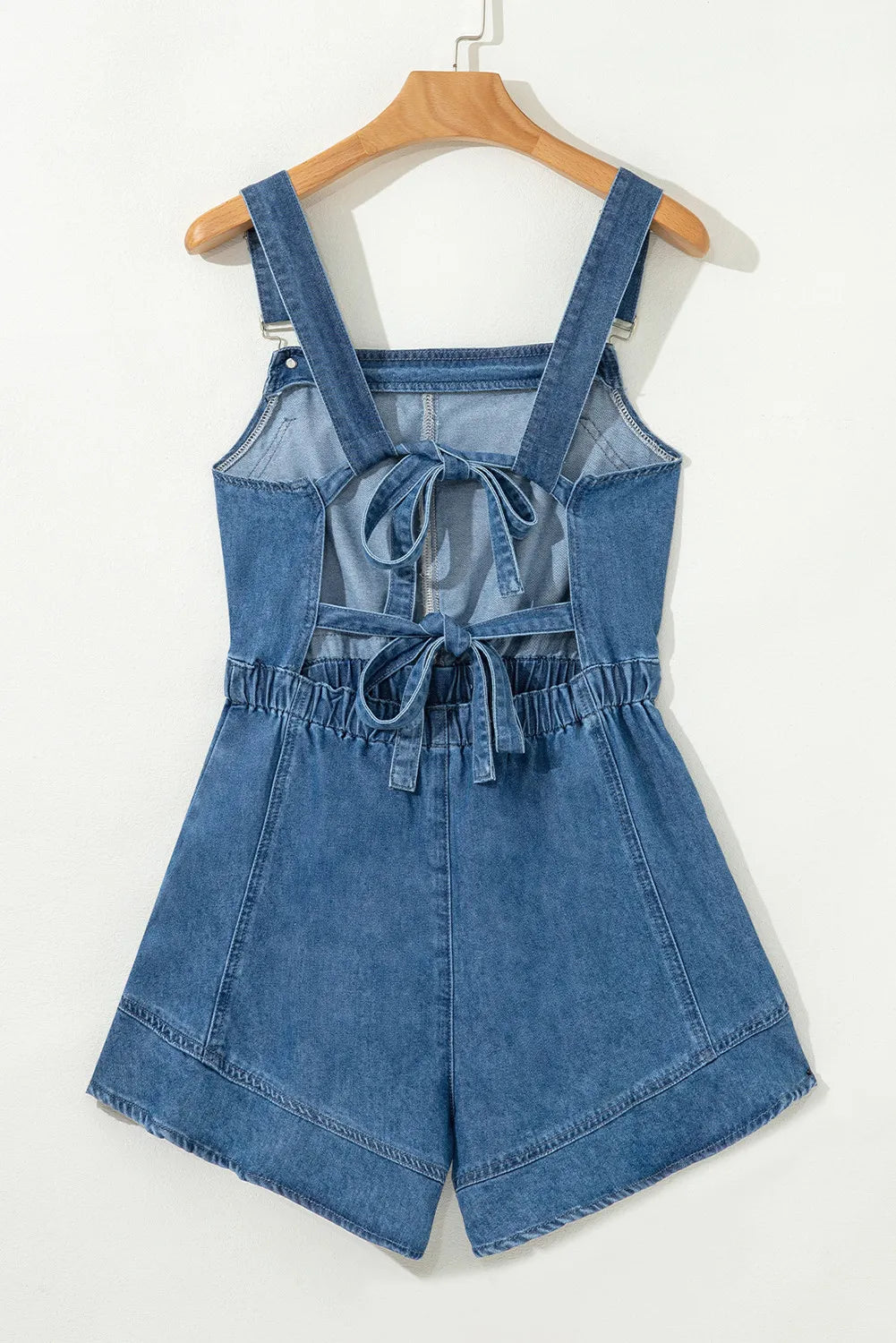 Sky Blue Buckle Straps Tied Backless Flared Denim Romper