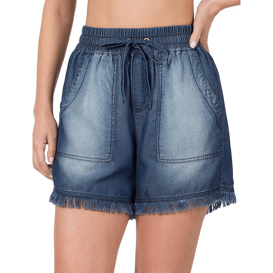 Chambray Frayed Hem Shorts