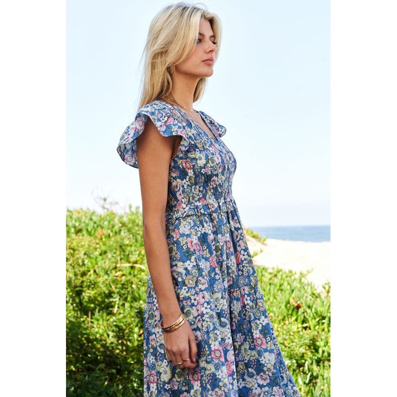 Vintage Garden Floral Flutter Smocking Midi Dress