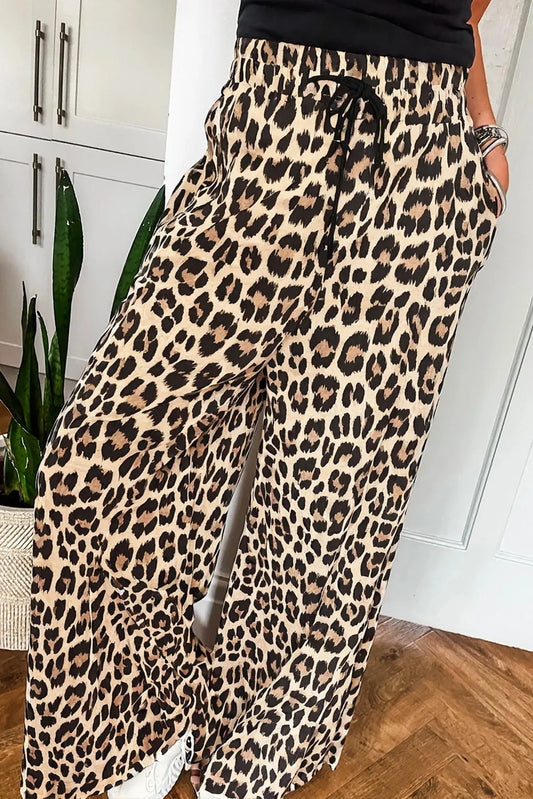 Flowy leopard wide leg pants with drawstring