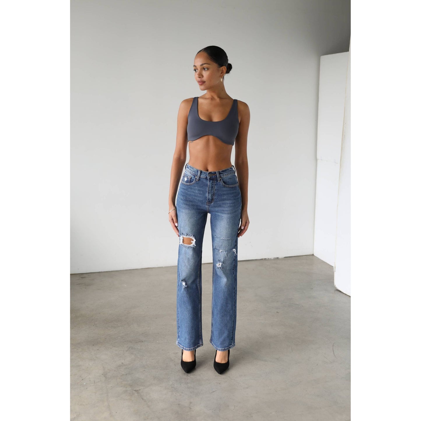 High Rise Straight Leg Denim Jeans - Dark- 7106