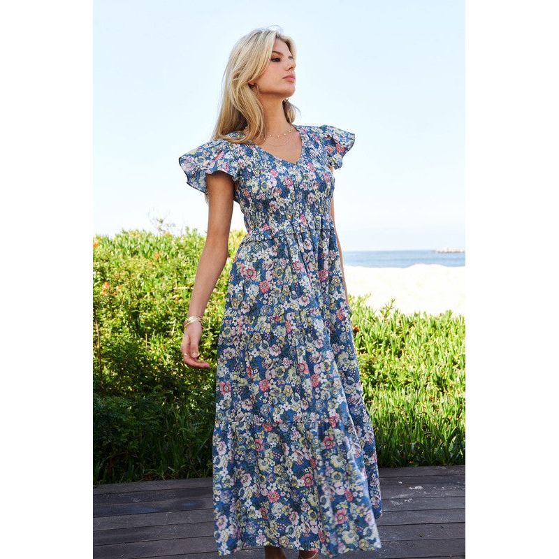 Vintage Garden Floral Flutter Smocking Midi Dress