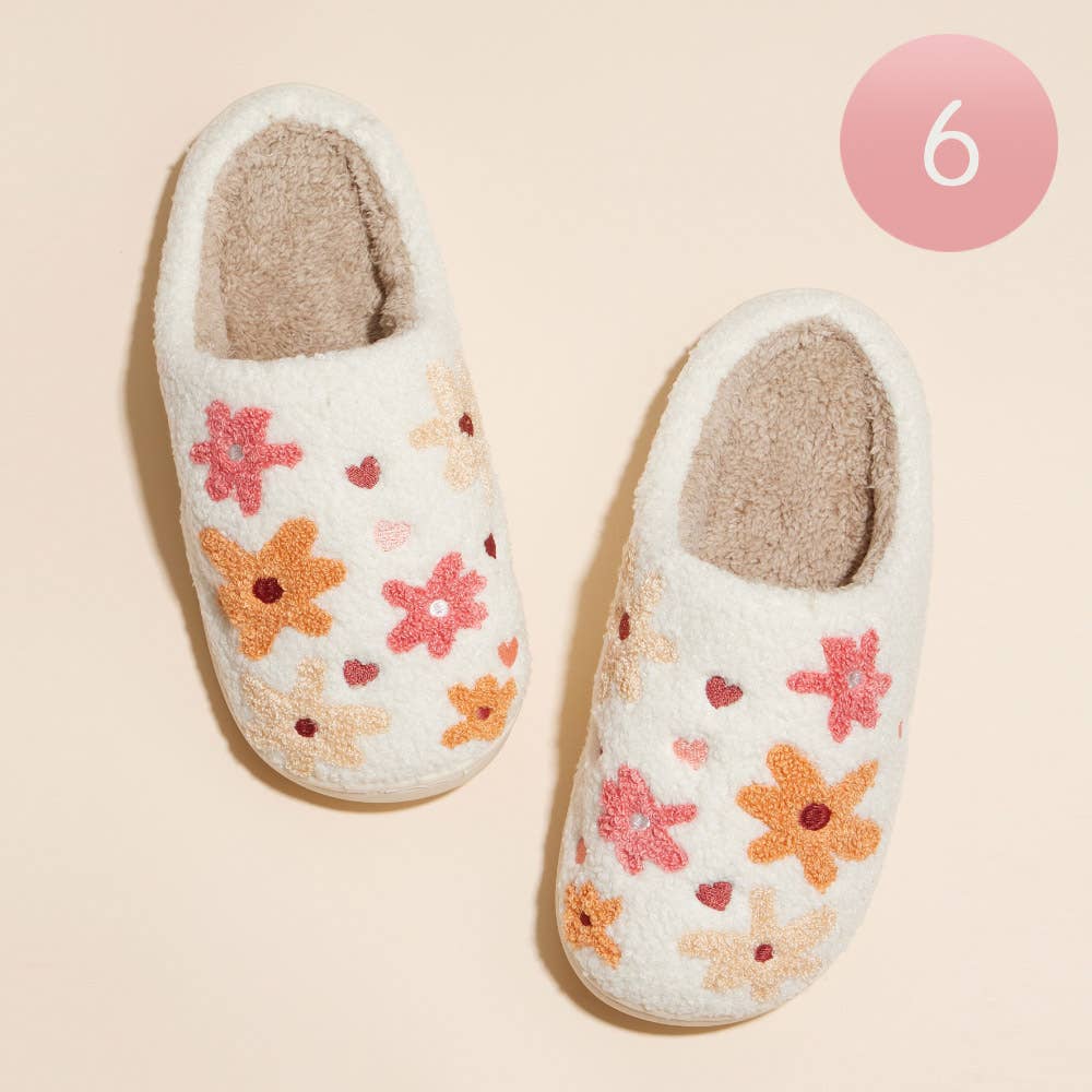 6Pairs - Floral Fuzzy Home Slippers