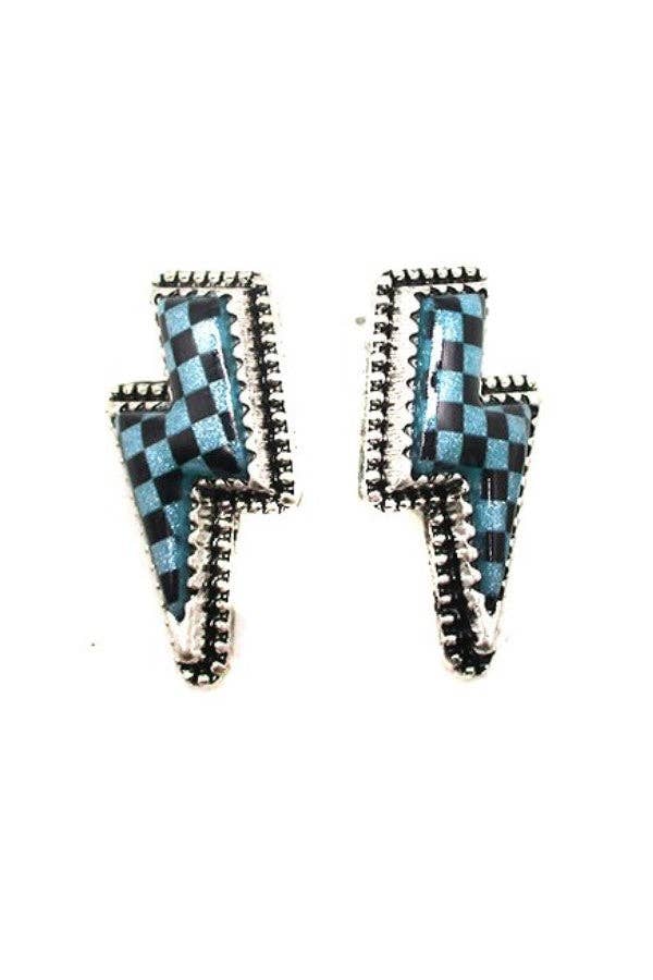Checker Thunder Bolt Stud Earrings