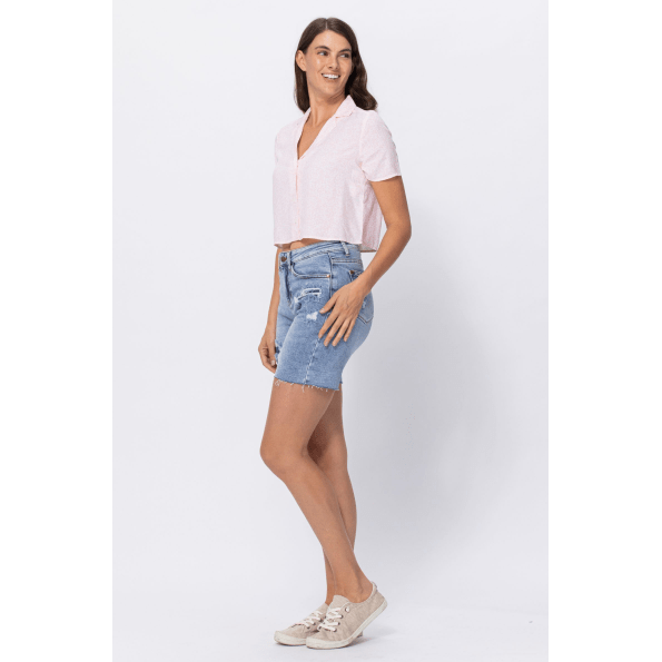 High waisted mid length denim patch shorts