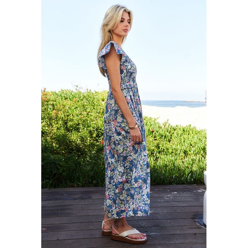 Vintage Garden Floral Flutter Smocking Midi Dress