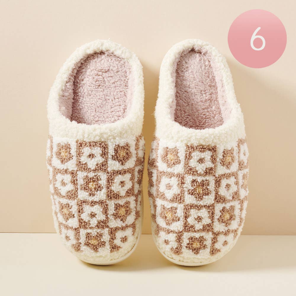 6Pairs - Floral Fuzzy Home Slippers