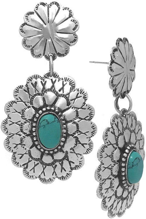 Western Concho Textured Flower Gemstone Earring