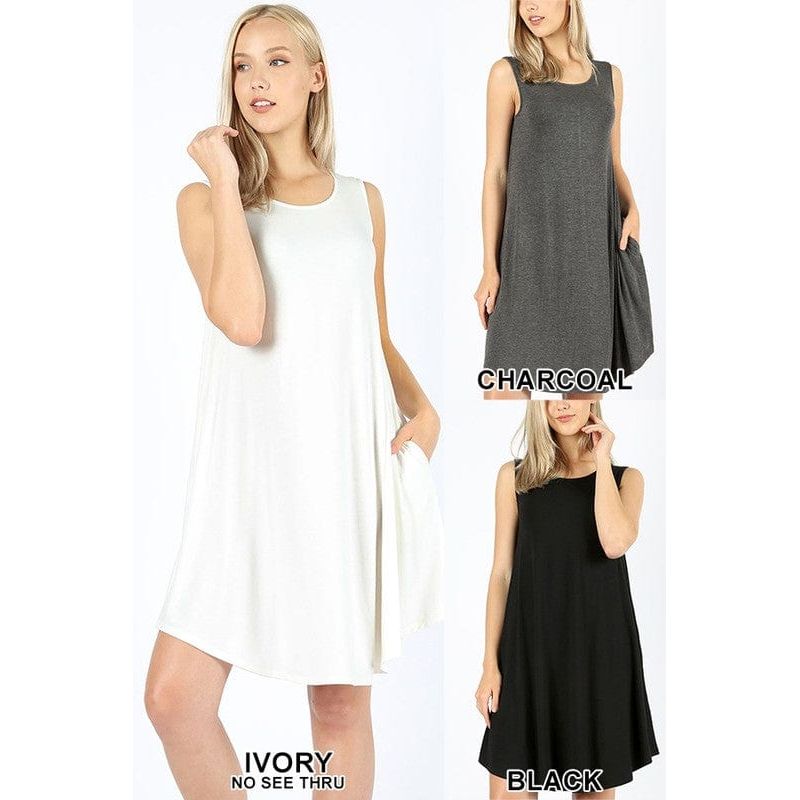 SLEEVELESS ROUND HEM SWING DRESS - SIDE POCKETS