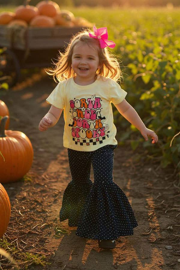 Halloween cream top black dots pant 2pc girls set