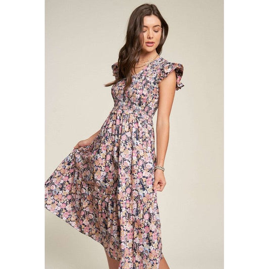 Vintage Garden Floral Flutter Smocking Midi Dress