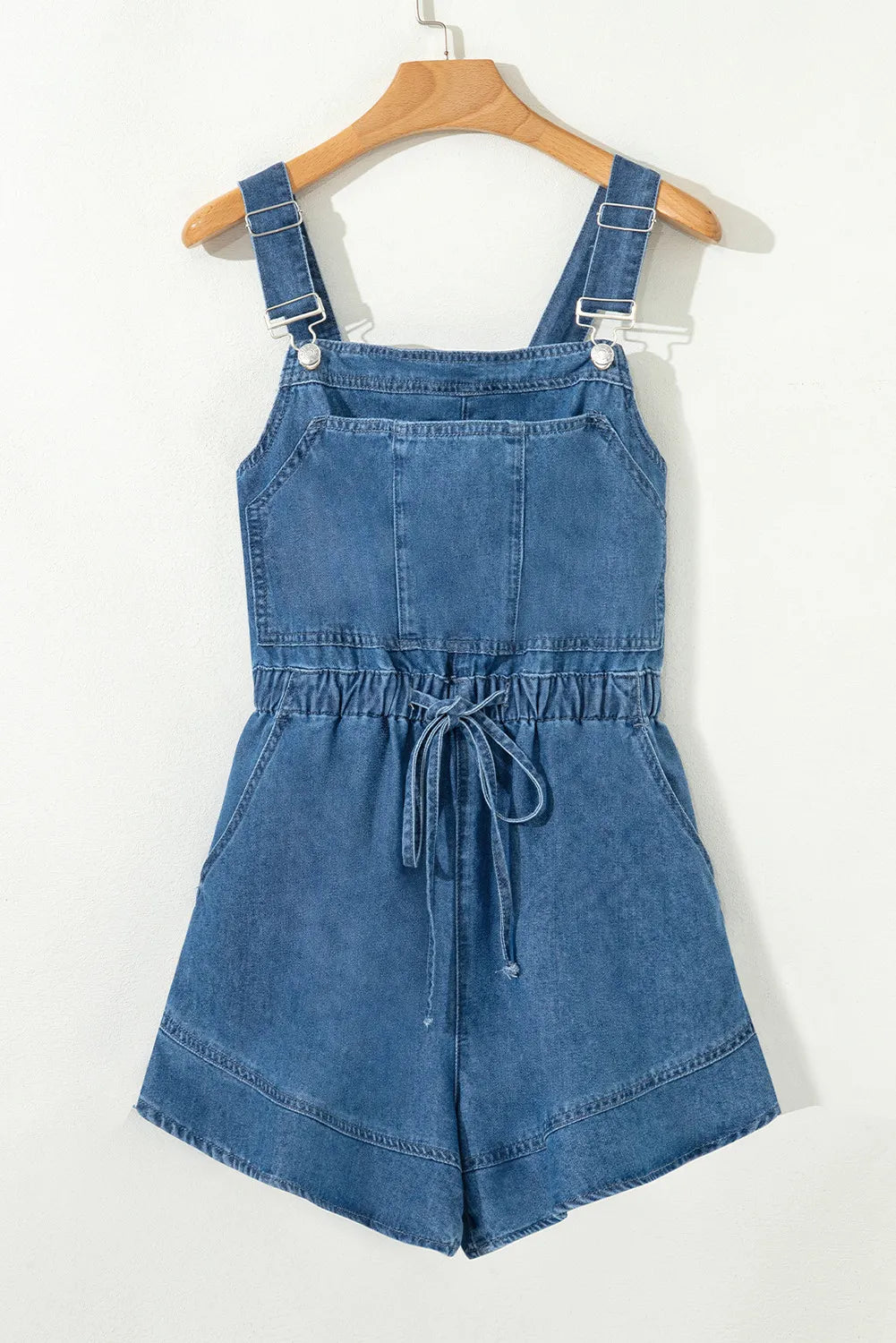 Sky Blue Buckle Straps Tied Backless Flared Denim Romper