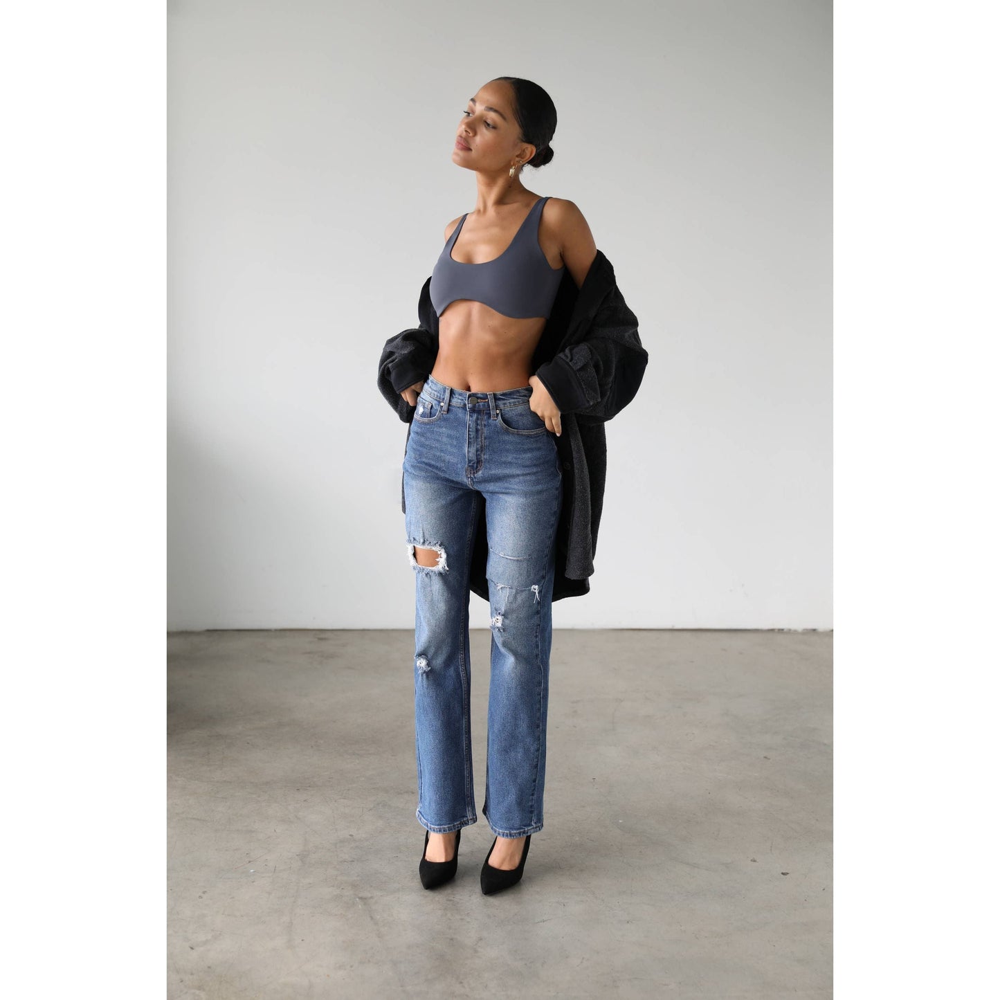 High Rise Straight Leg Denim Jeans - Dark- 7106