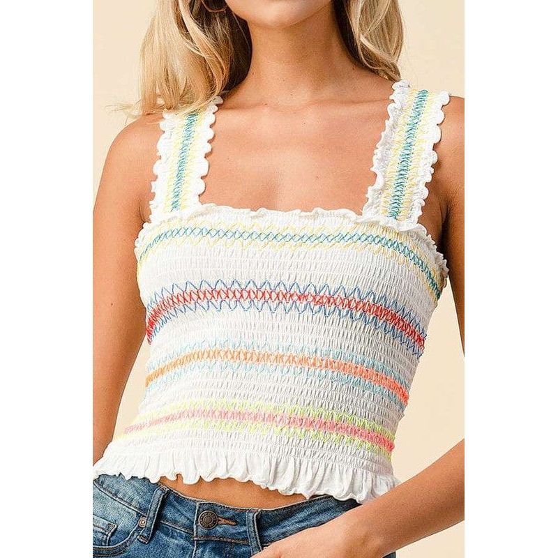 Multi color stitch all over smocking tank top