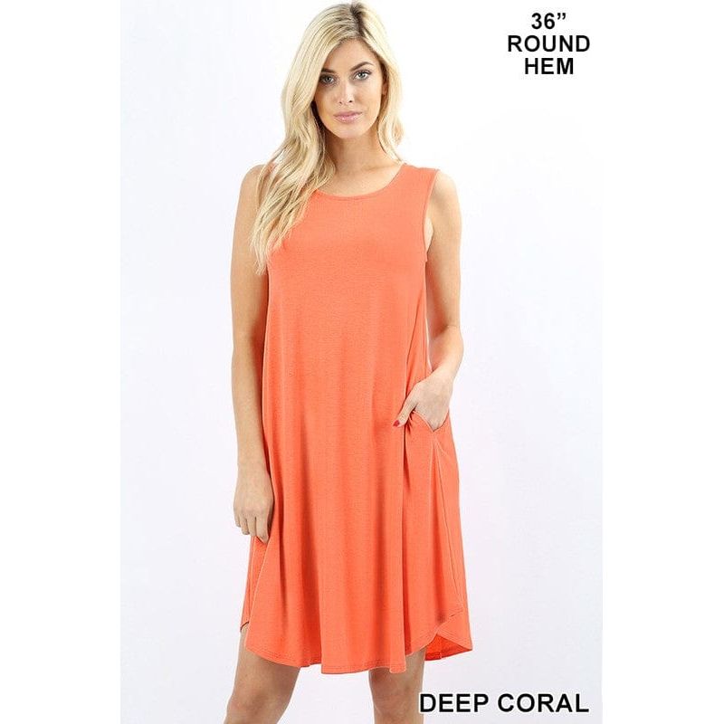 SLEEVELESS ROUND HEM SWING DRESS - SIDE POCKETS