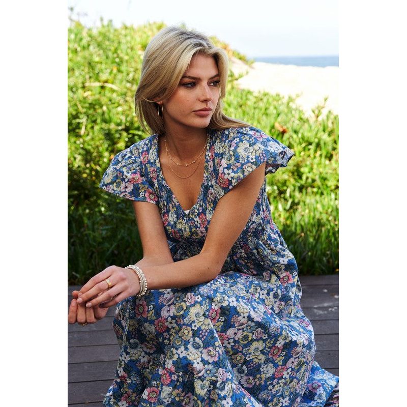 Vintage Garden Floral Flutter Smocking Midi Dress