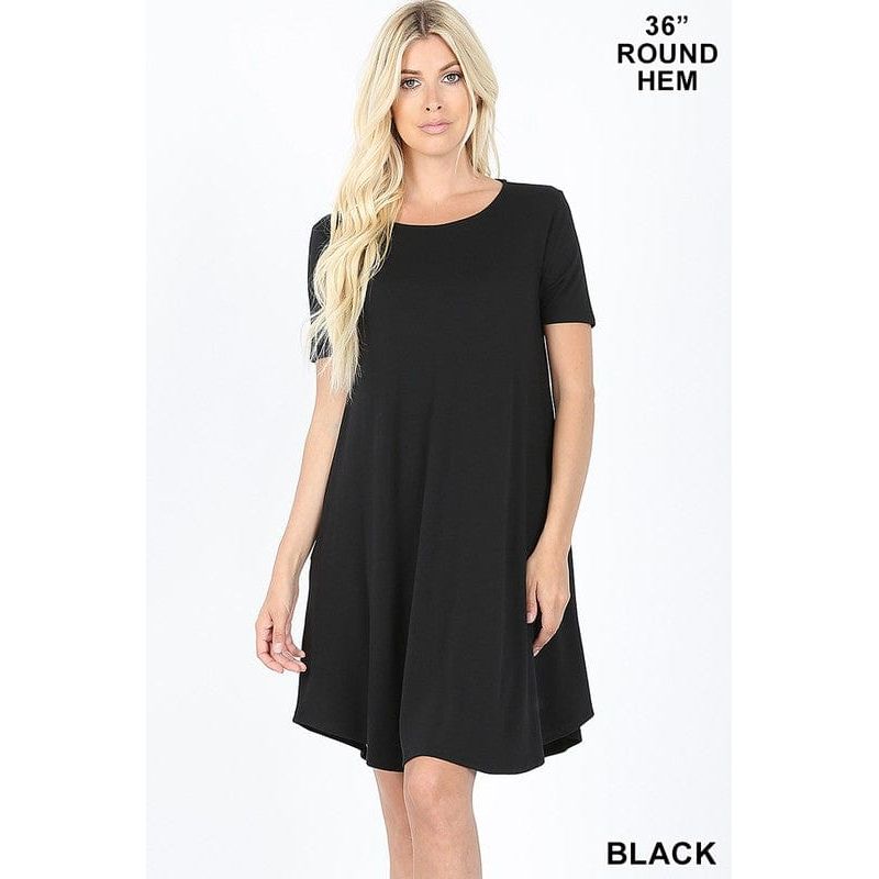 SHORT SLEEVE ROUND HEM A-LINE DRESS - SIDE POCKETS