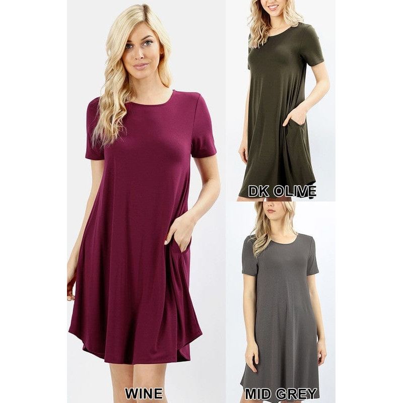 SHORT SLEEVE ROUND HEM A-LINE DRESS - SIDE POCKETS