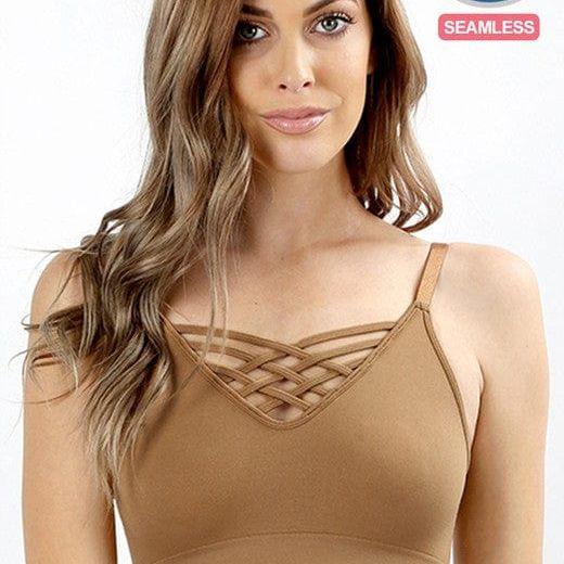 Front v-lattice bralette with removable bra pads