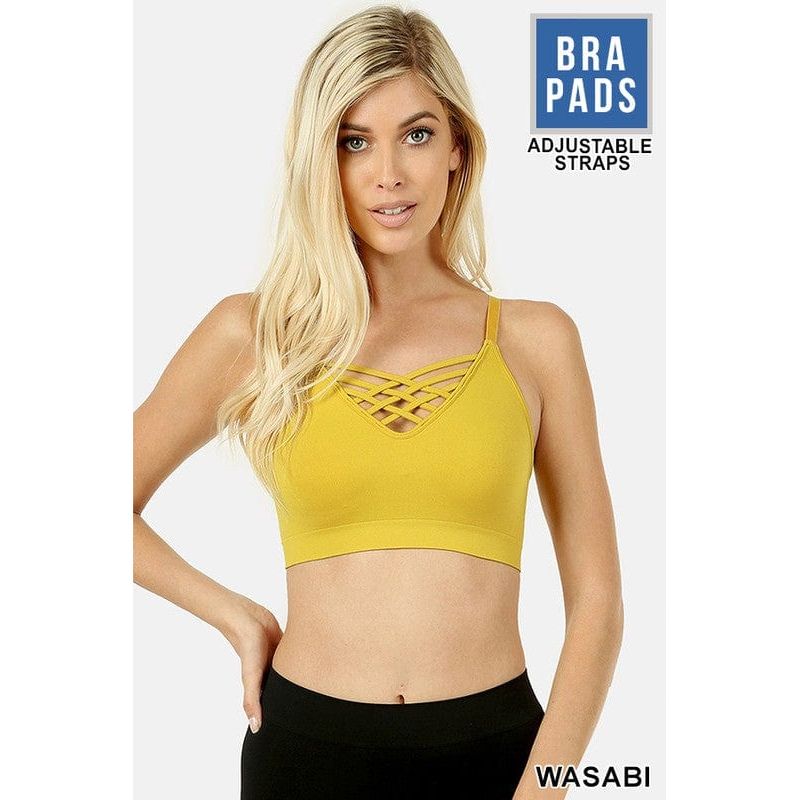 Front v-lattice bralette with removable bra pads