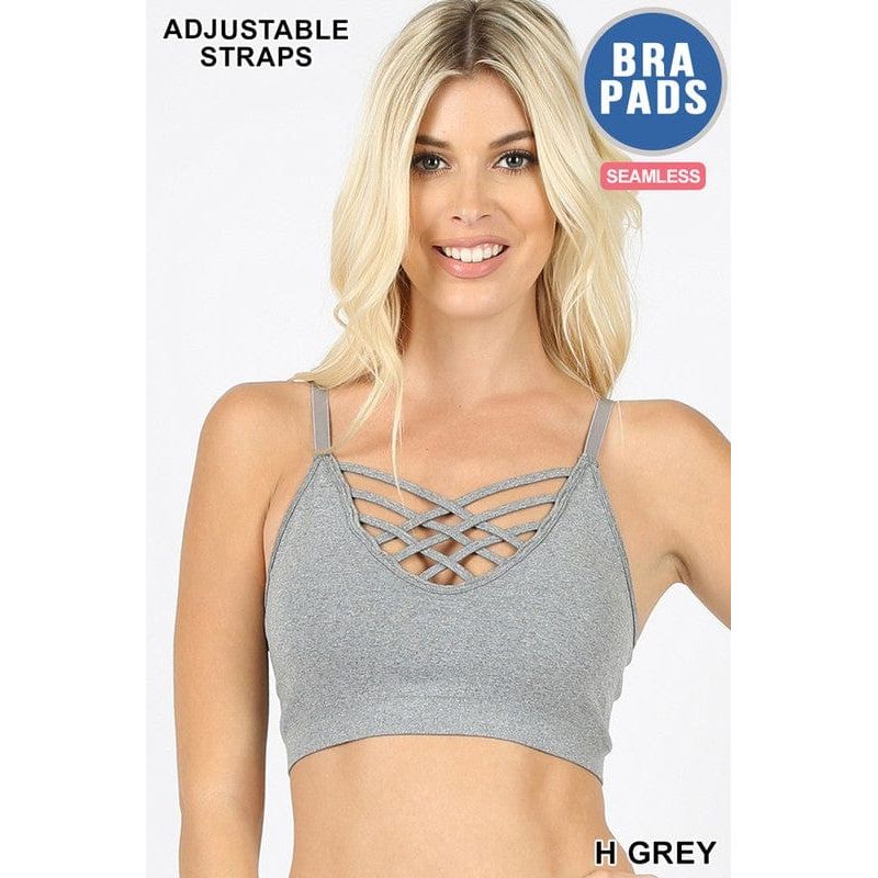 Front v-lattice bralette with removable bra pads