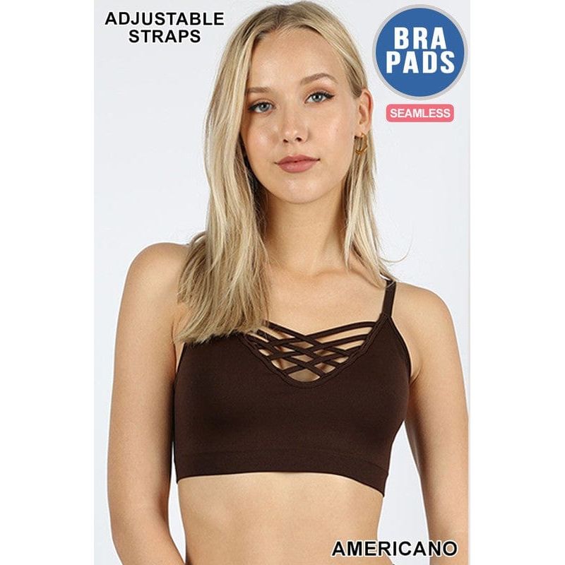 Front v-lattice bralette with removable bra pads