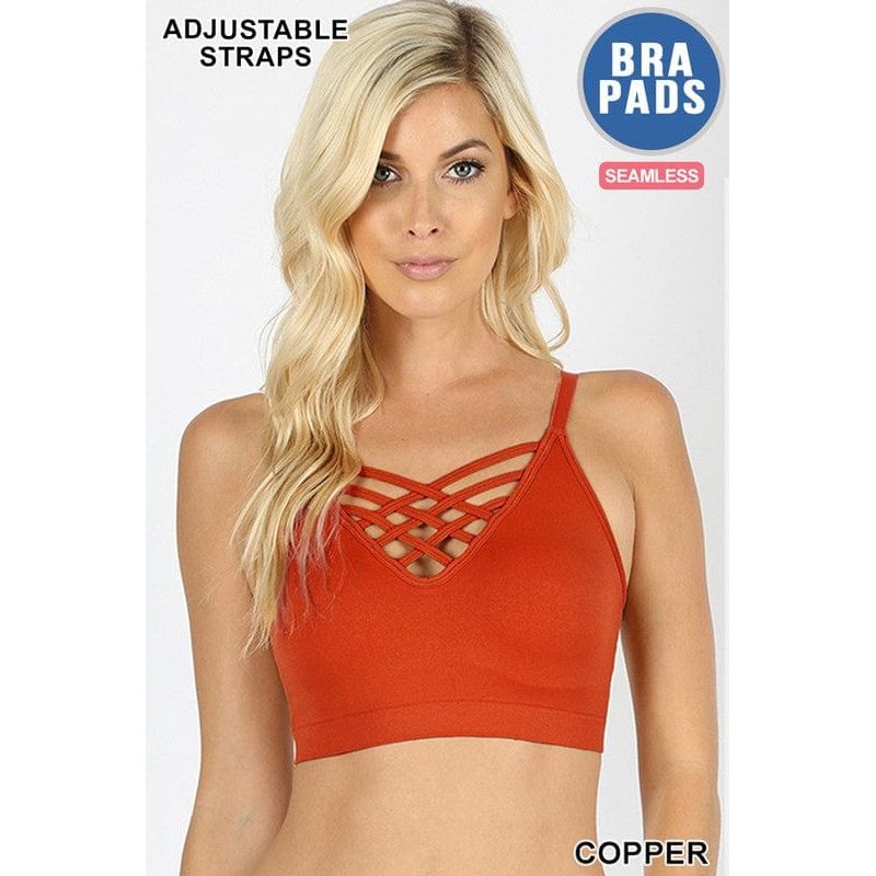 Front v-lattice bralette with removable bra pads