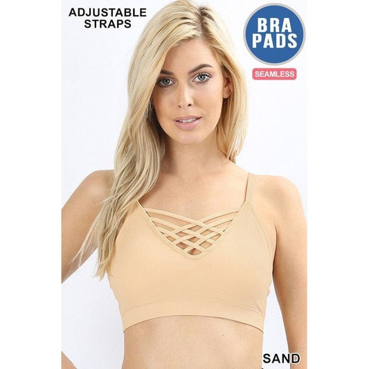 Front v-lattice bralette with removable bra pads