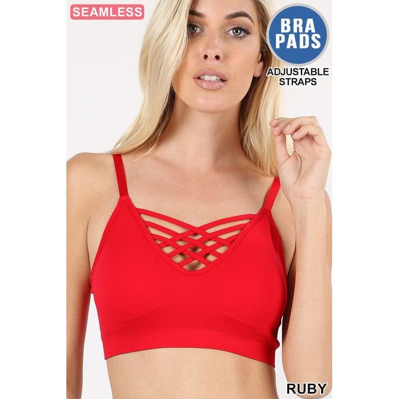 Front v-lattice bralette with removable bra pads