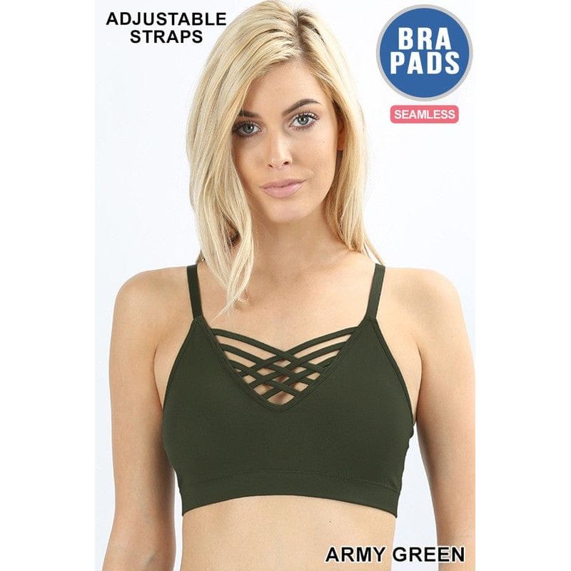 Front v-lattice bralette with removable bra pads