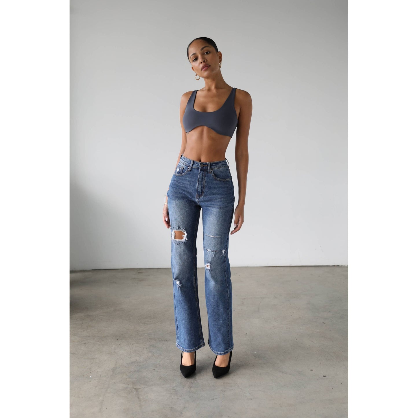 High Rise Straight Leg Denim Jeans - Dark- 7106