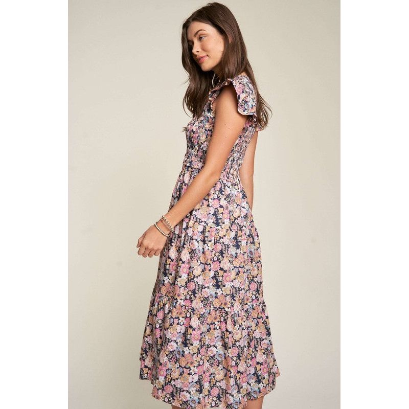 Vintage Garden Floral Flutter Smocking Midi Dress