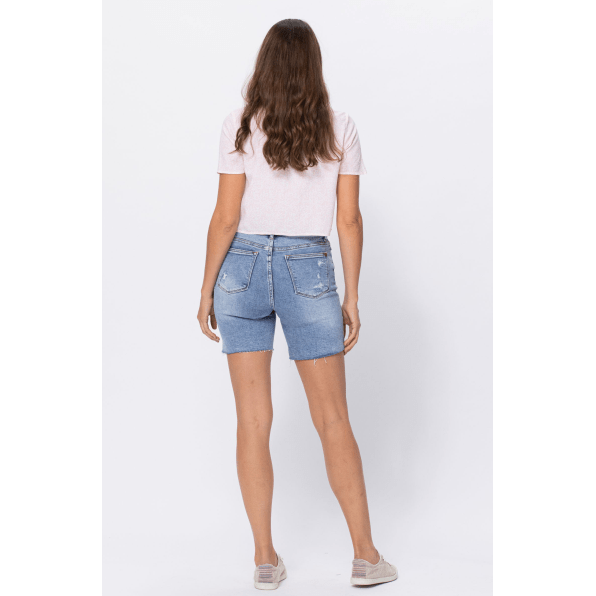 High waisted mid length denim patch shorts