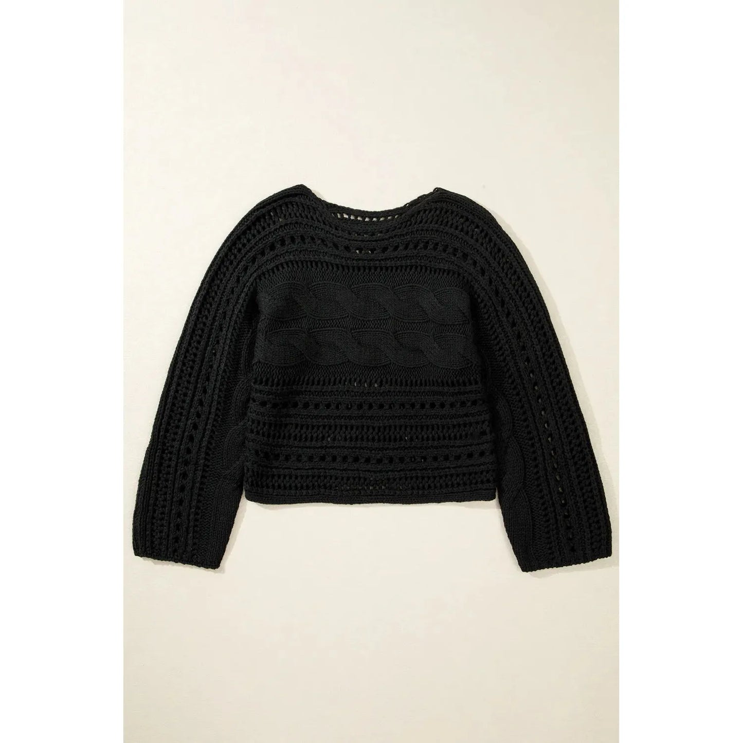 Black Hollow-out Cable Knit Cropped Sweater