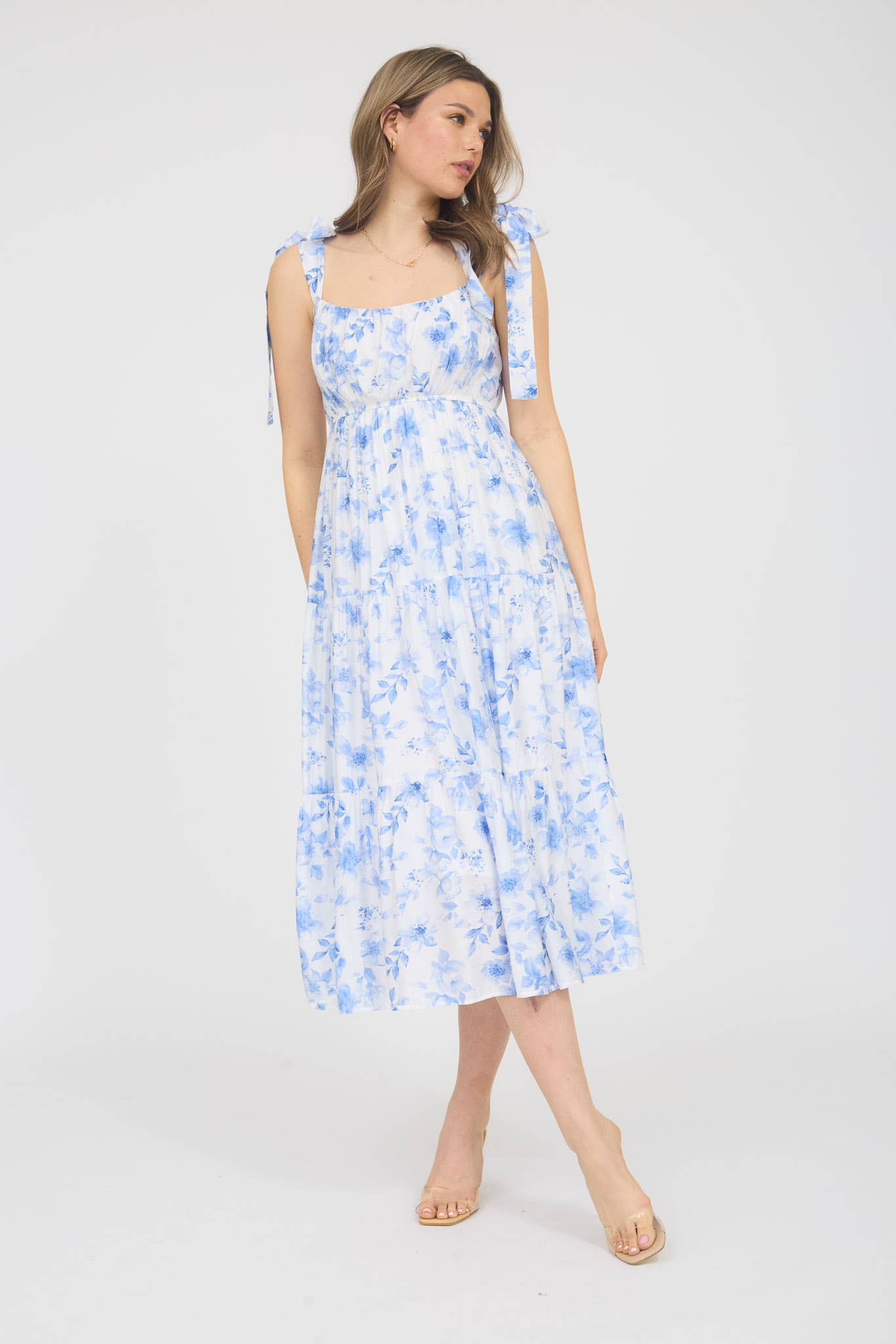 Floral Tie Strap Tiered Midi DRESS