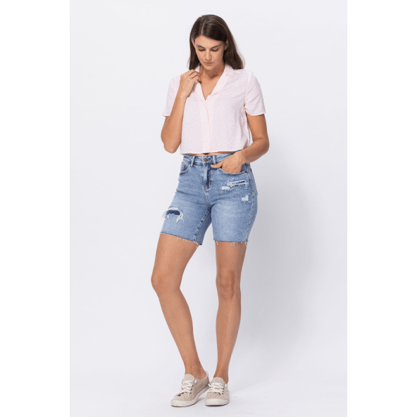 High waisted mid length denim patch shorts