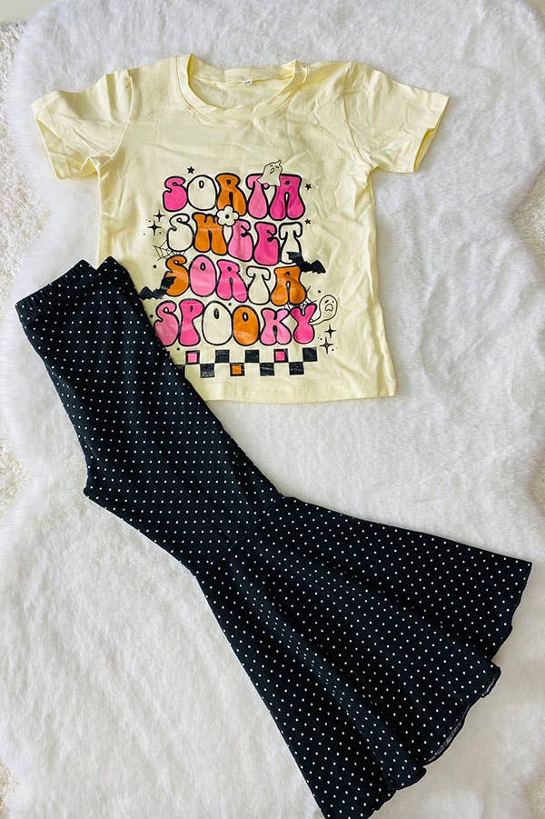 Halloween cream top black dots pant 2pc girls set