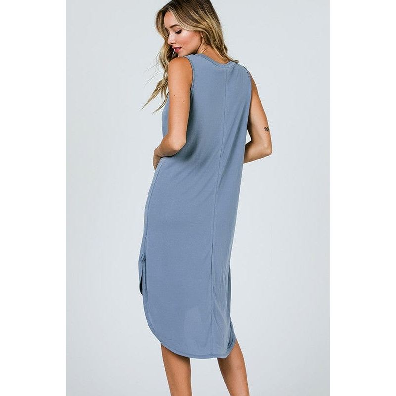 Cupro Round Neck Sleeveless Hi Low Hem Dress.