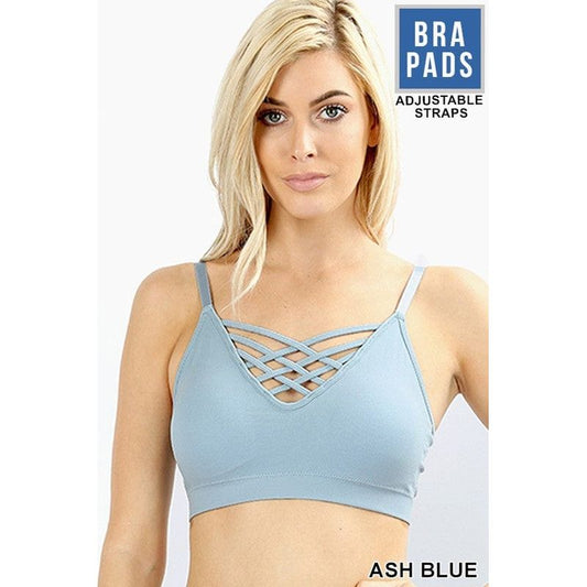 Front v-lattice, adjustable straps bralette with removable bra pads