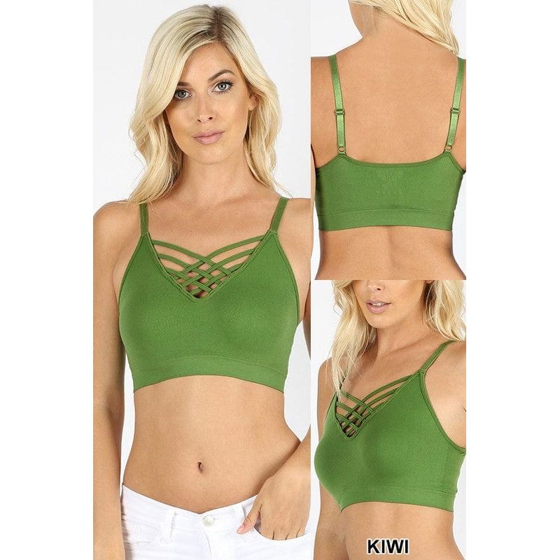Front v-lattice, adjustable straps bralette with removable bra pads