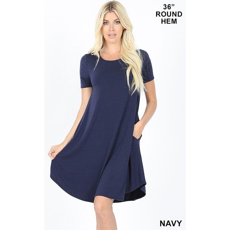 SHORT SLEEVE ROUND HEM A-LINE DRESS - SIDE POCKETS