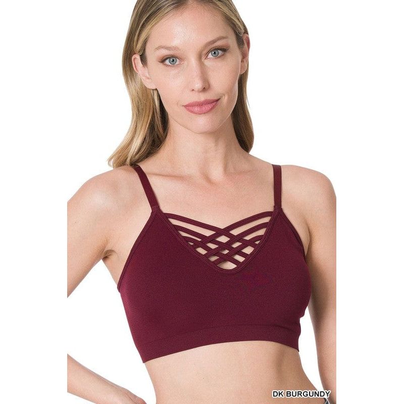 Front v-lattice bralette with removable bra pads