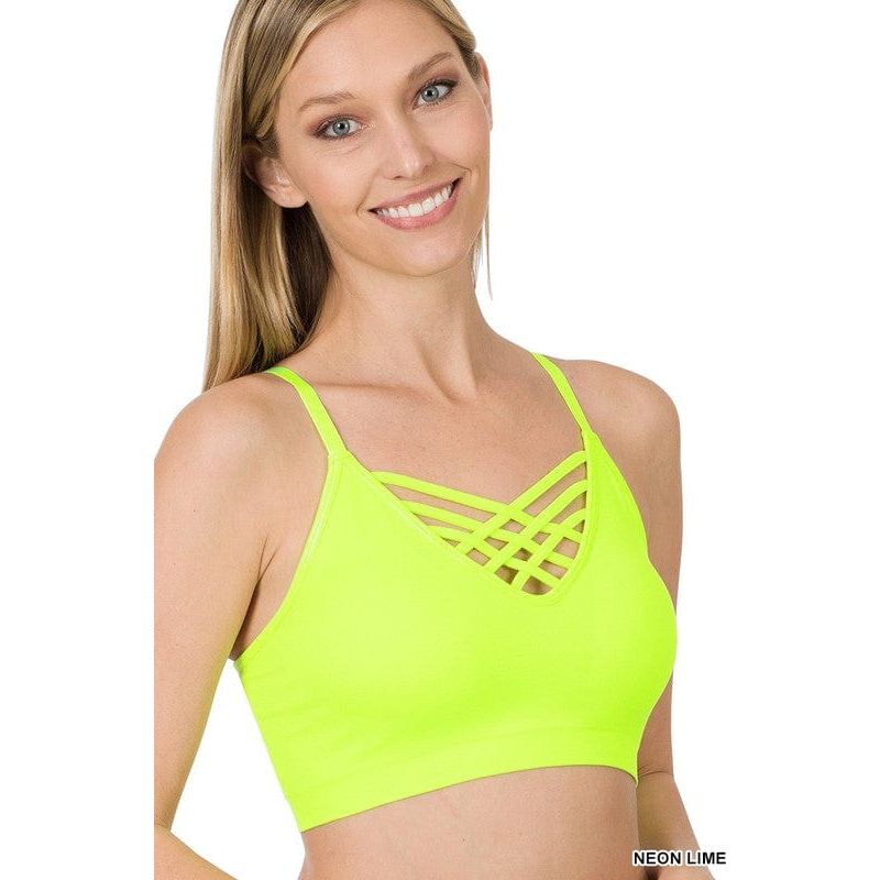 Front v-lattice bralette with removable bra pads