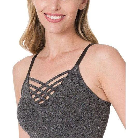 Front v-lattice bralette with removable bra pads