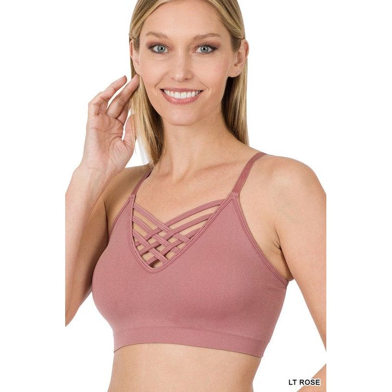 Front v-lattice bralette with removable bra pads