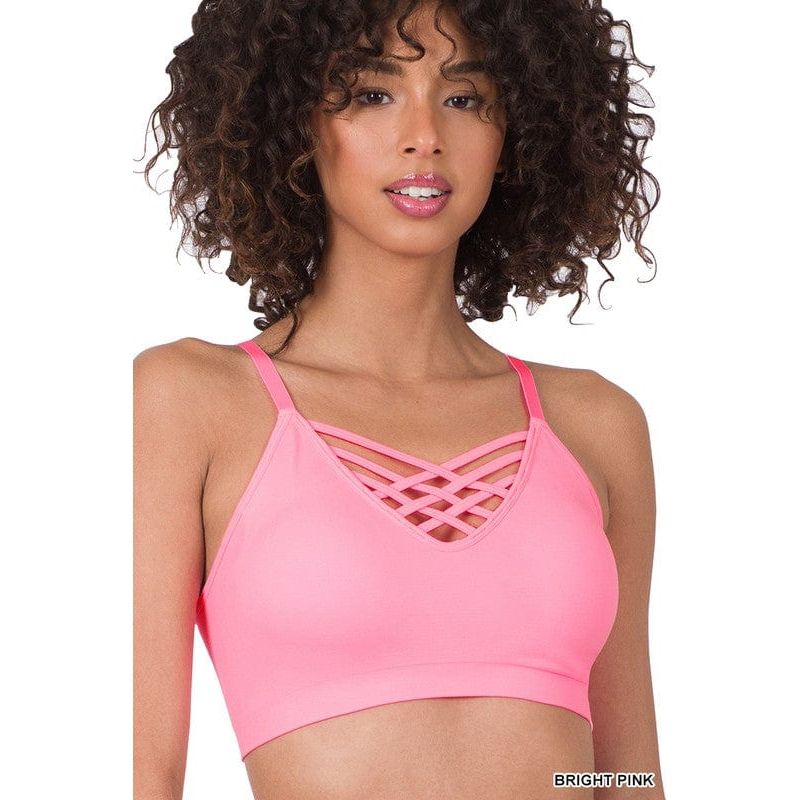 Front v-lattice bralette with removable bra pads